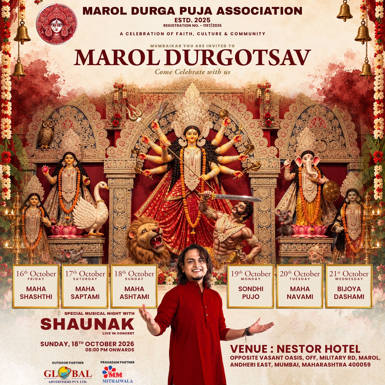 Marol Durgotsav 2026 invitation featuring SHAUNAK live in concert on Sunday, 18 October 2026, from 8:00 PM at Nestor Hotel